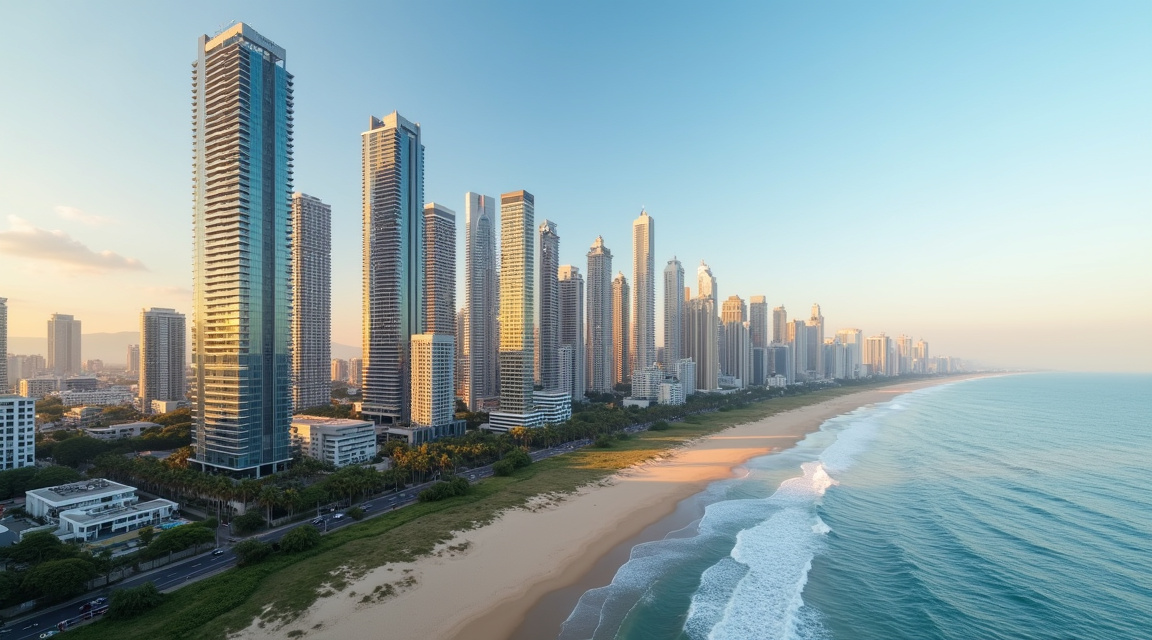 Skyline de arranha-céus de Balneário Camboriú à beira-mar representando o mercado imobiliário