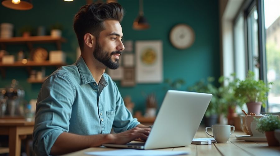 Empresária de Balneário Camboriú usando um notebook no seu negócio local