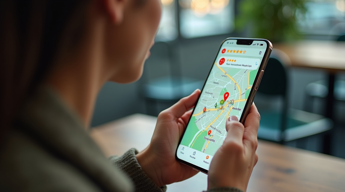 Pessoa procurando restaurantes perto no celular e vendo opções com fotos e notas
