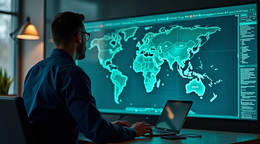 Especialista de SEO analisando um mapa de tópicos em uma tela grande